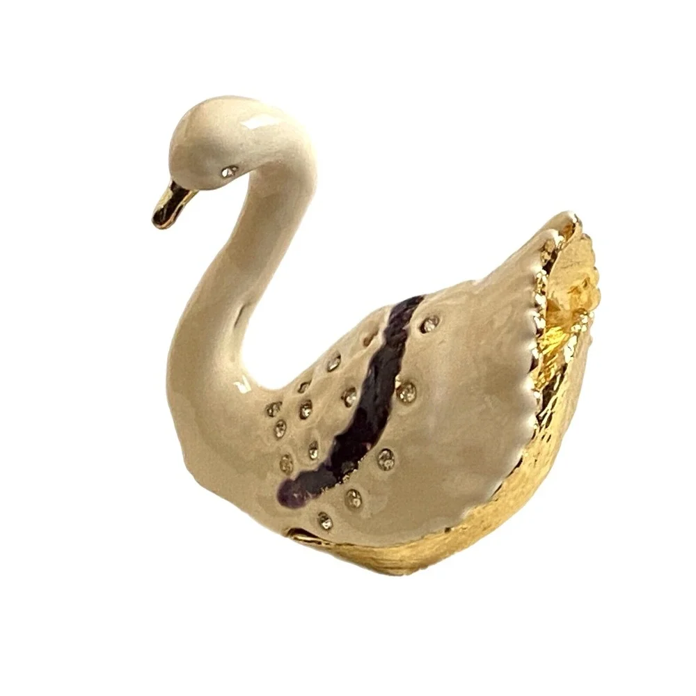 OBJECT D ART Enamel White SWAN Grace JEWELED TRINKET BOX Magnetic Closure
